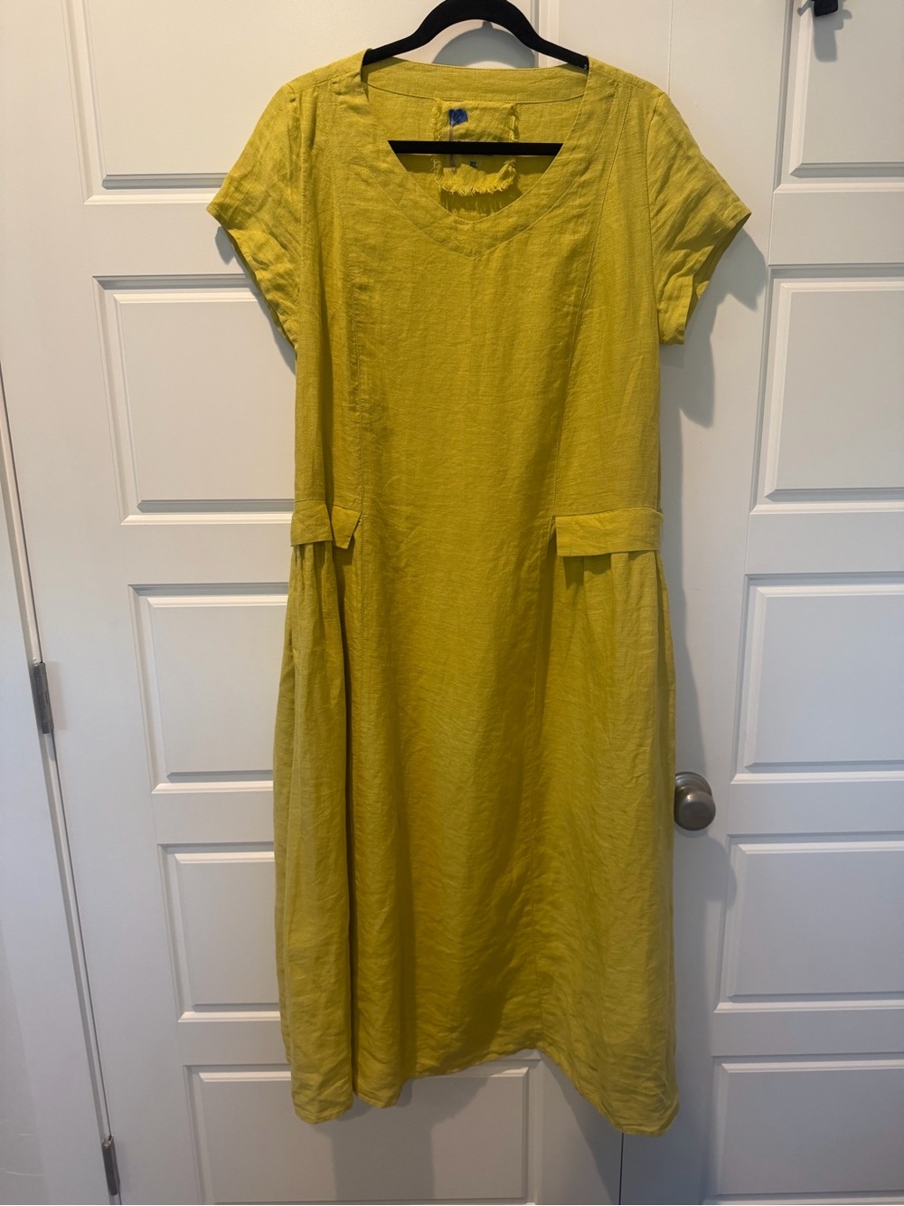 Yuvita Mustard Chartreuse Flax 100% Linen Lagen Midi Dress Minimalist Sz XLarge